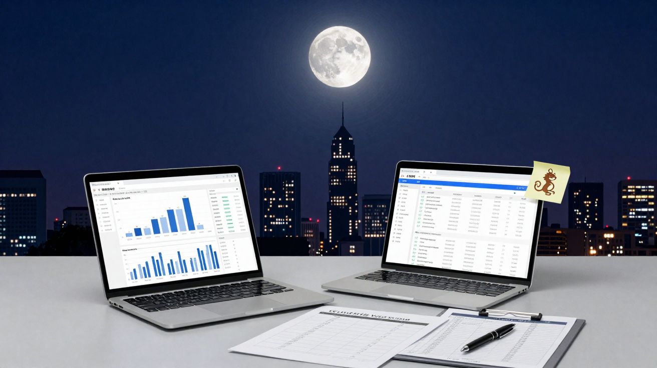 Dois laptops com gráficos e planilhas abertas sobre mesa, com cidade à noite e lua cheia ao fundo.