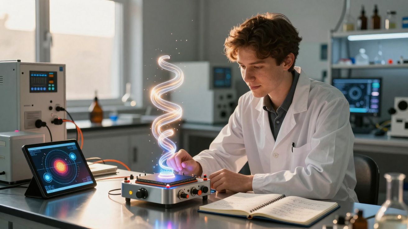 Cientista jovem em laboratório manipulando dispositivo que projeta holograma luminoso espiralado.