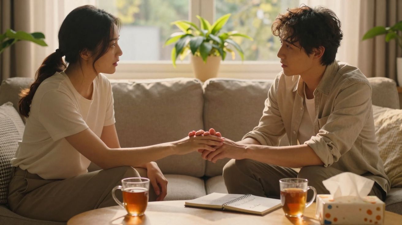 Casal sentado no sofá de casa, com expressões sérias, segurando as mãos um do outro.