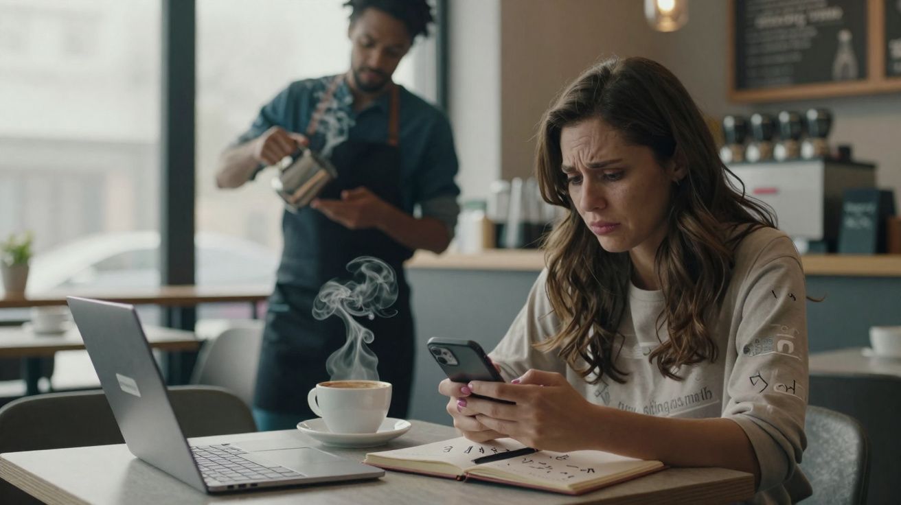 Mulher preocupada olhando para celular em cafeteria, com laptop e xícara de café na mesa.