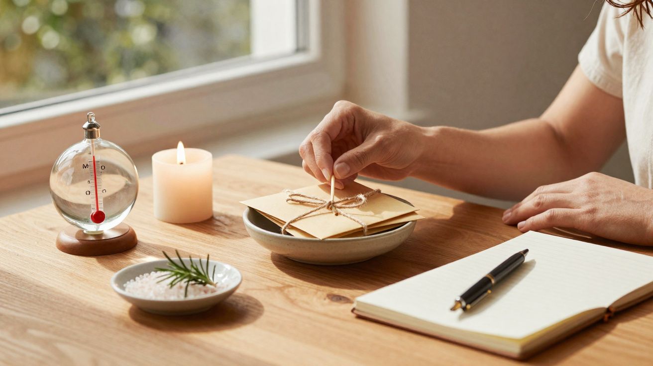 Mãos acendendo um fósforo perto de cartas amarradas, vela acesa, caderno e termômetro sobre mesa de madeira.