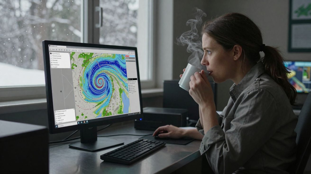 Mulher em escritório olhando para monitor com simulação de furacão enquanto toma café quente.