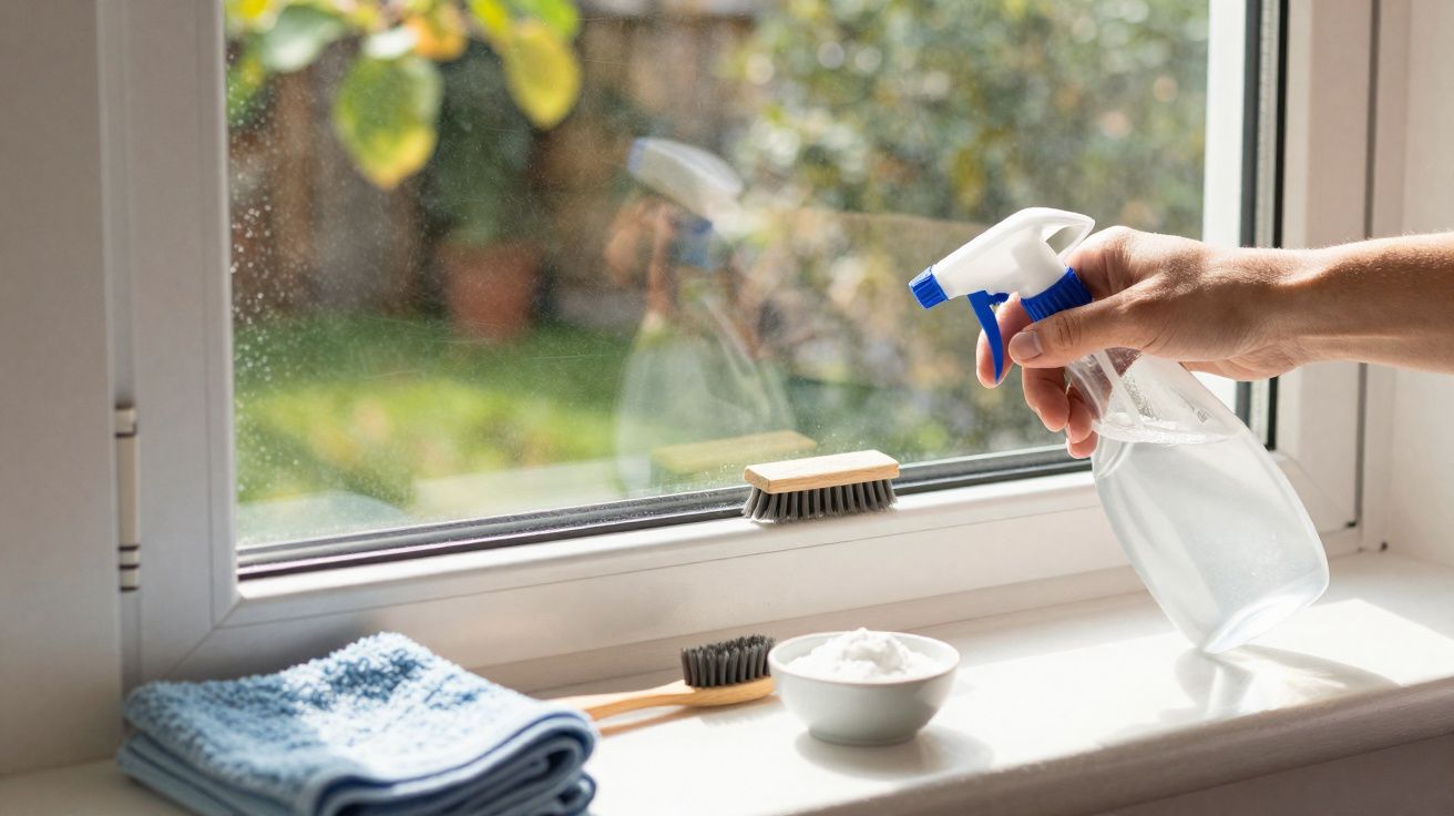 Pessoa borrifando solução de limpeza em janela com pano, escovas e bicarbonato de sódio ao lado.