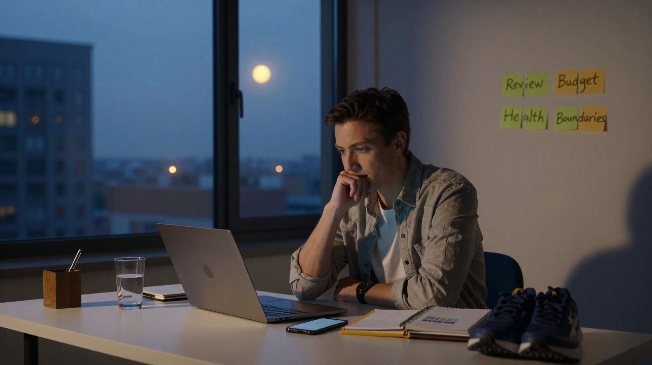 Homem trabalhando à noite no computador em escritório com notas coloridas na parede e tênis na mesa.