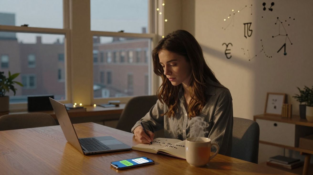 Mulher escrevendo em caderno com laptop aberto e celular na mesa em ambiente aconchegante.