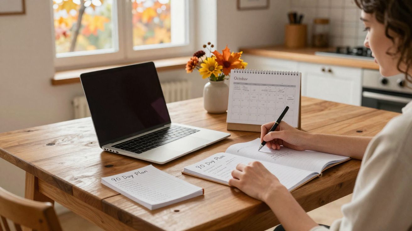 Pessoa escrevendo em caderno com laptop, calendário e flores sobre mesa de madeira.
