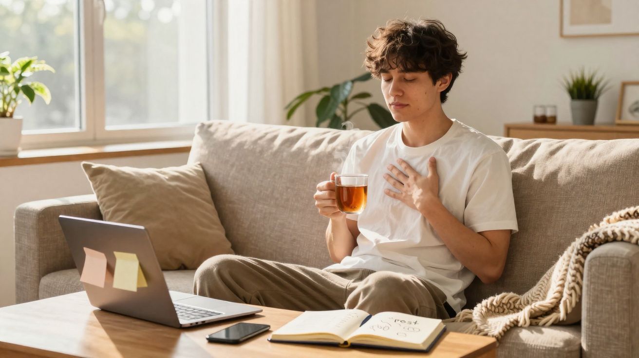 Jovem sentado no sofá com uma xícara de chá, tocando o peito e olhando para um notebook à sua frente.