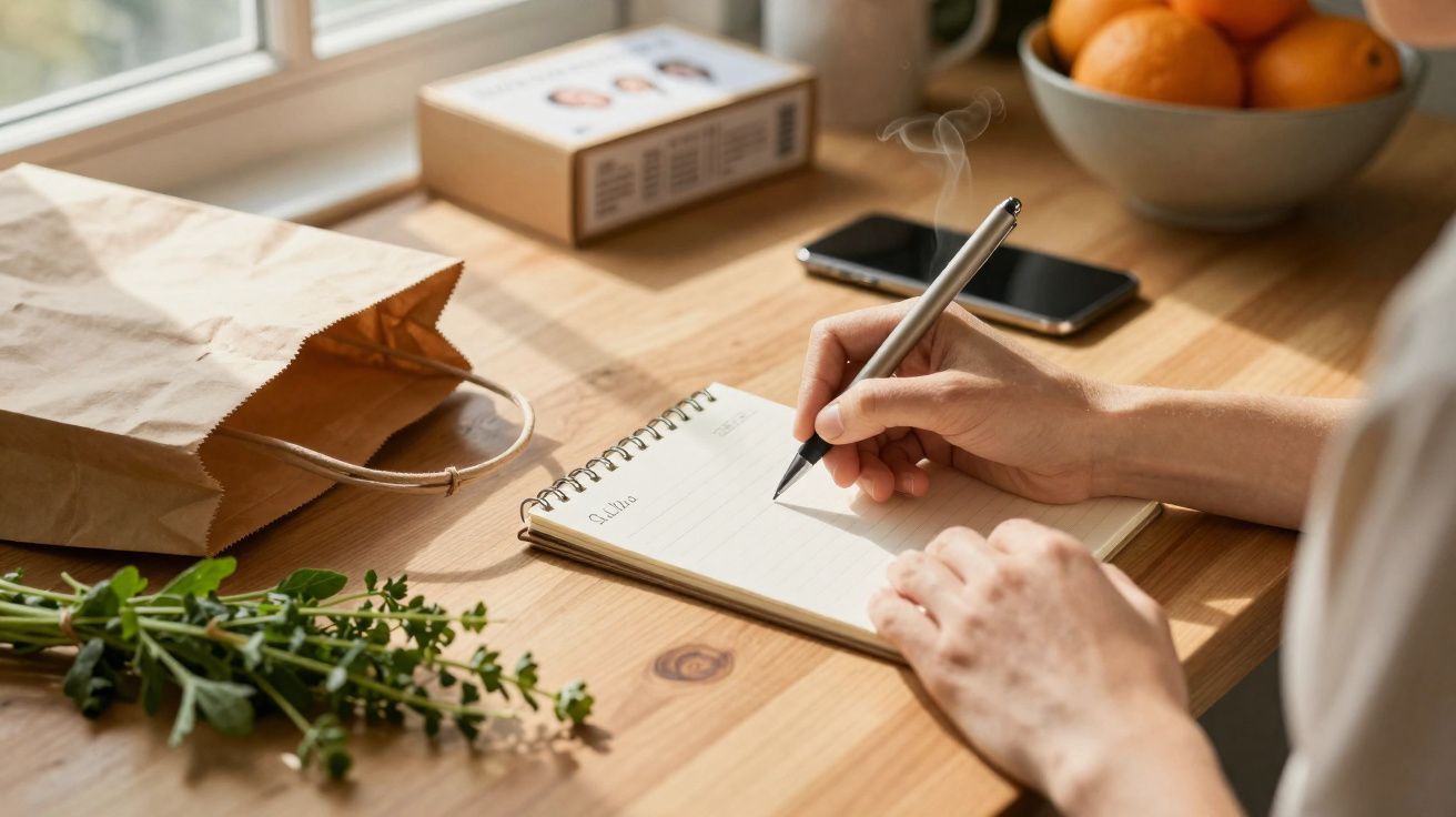 Pessoa escrevendo nota em caderno em mesa com papelaria, celular, frutas e ervas frescas.