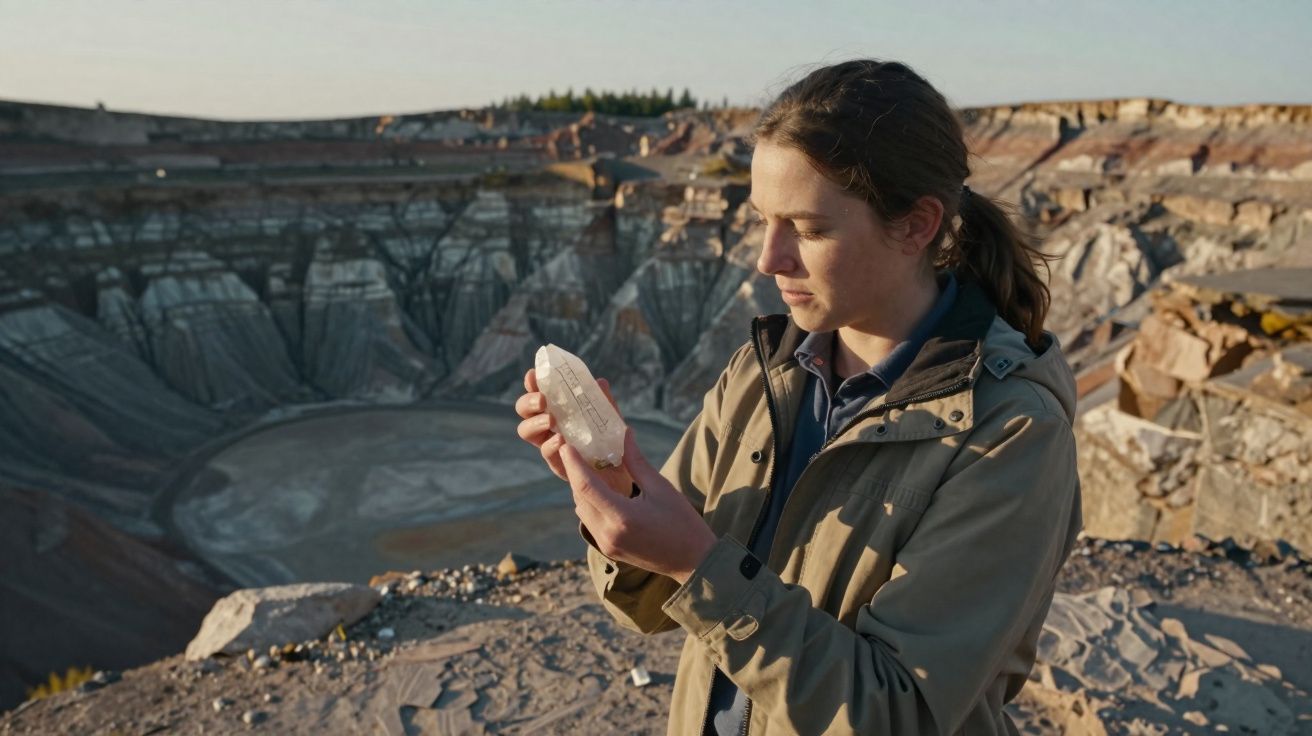 Mulher segura cristal transparente enquanto observa em área rochosa com cânion ao fundo.