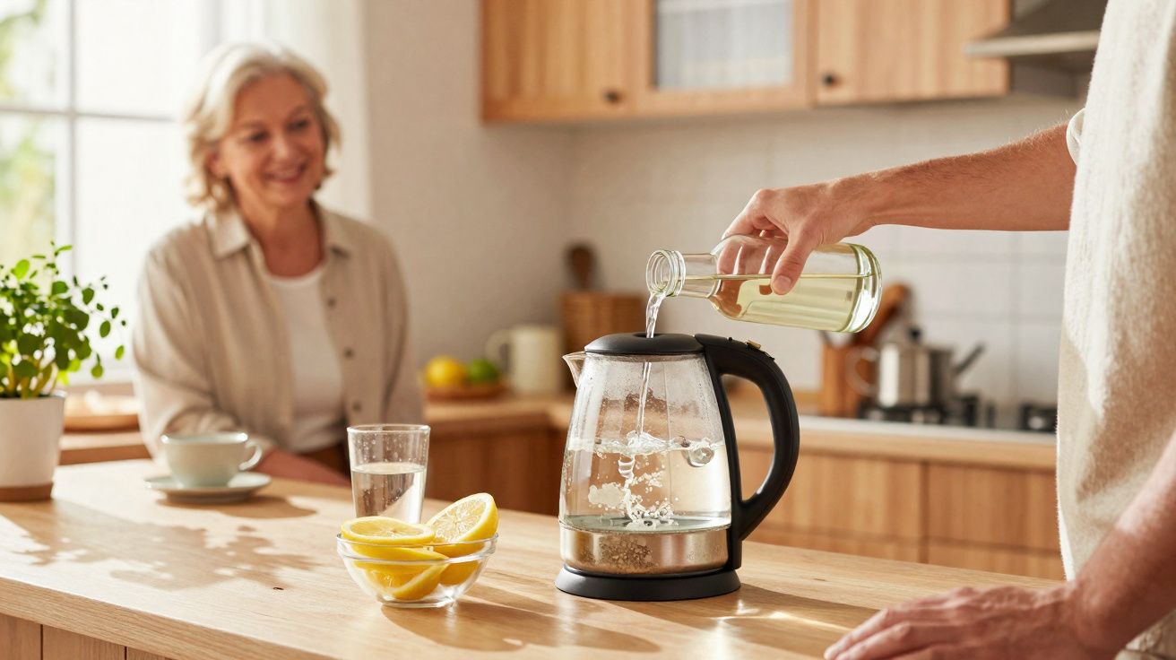 Pessoa despejando água em chaleira elétrica com mulher sorrindo ao fundo na cozinha iluminada.
