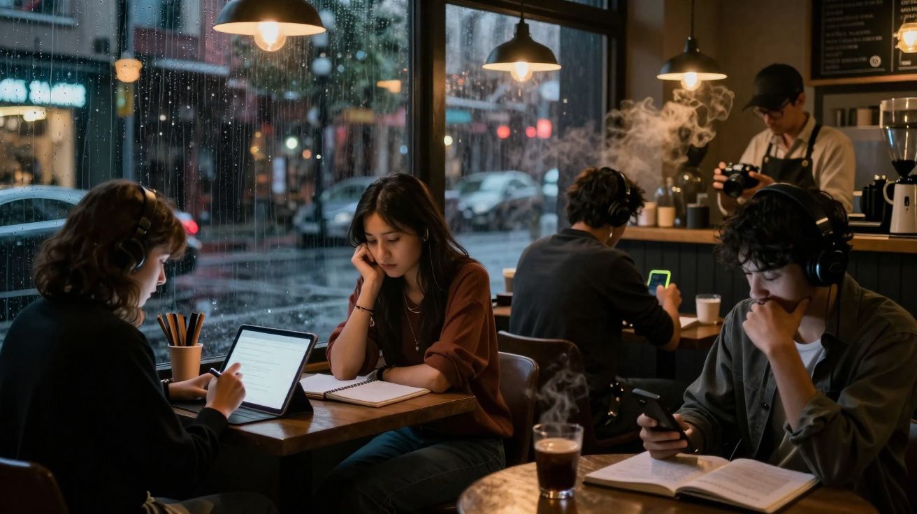 Pessoas usando fones em cafeteria chuvosa, estudando ou mexendo no celular com bebidas quentes na mesa.