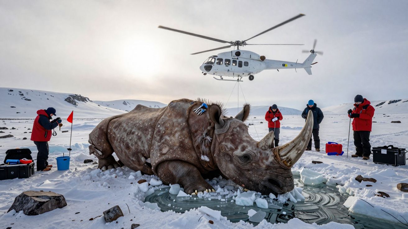 Equipe em roupa de frio fotografa e examina um rinoceronte gigante sobre gelo com helicóptero ao fundo.