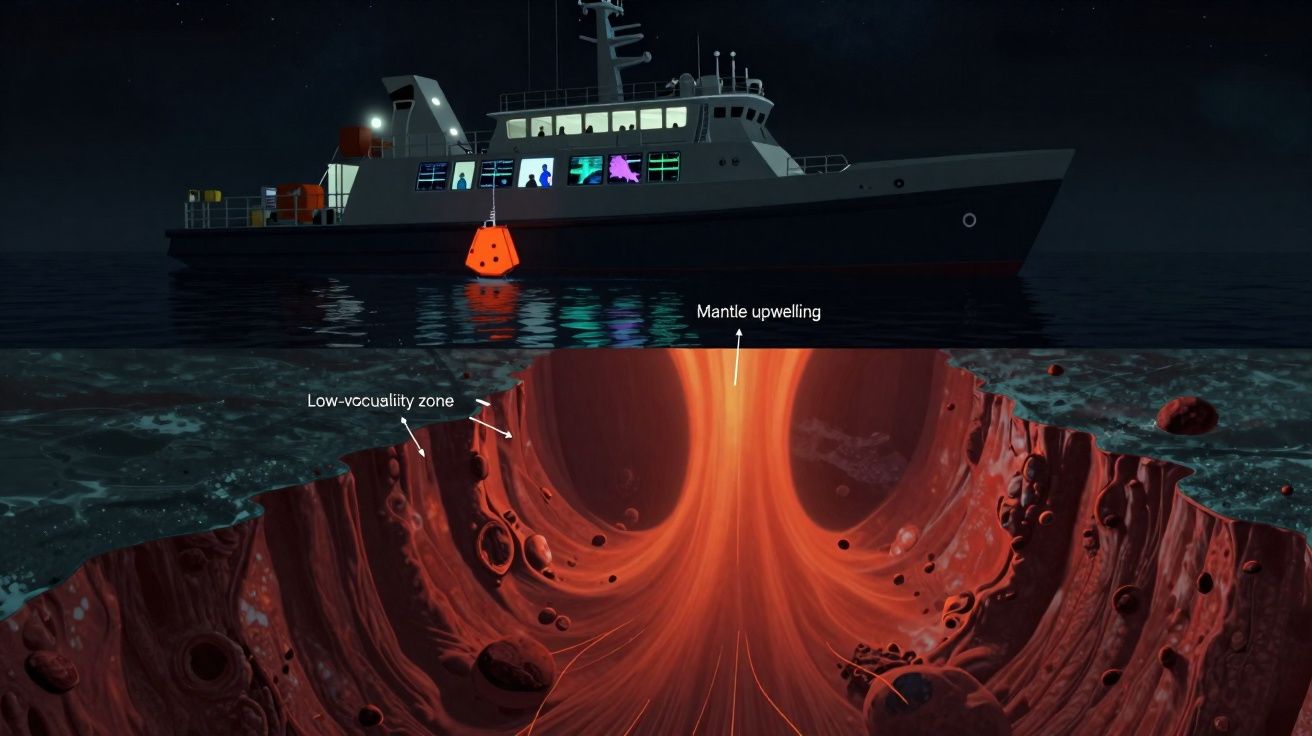 Navio científico à noite sobre área oceânica que revela fluxo de magma quente do manto terrestre abaixo do fundo do mar.
