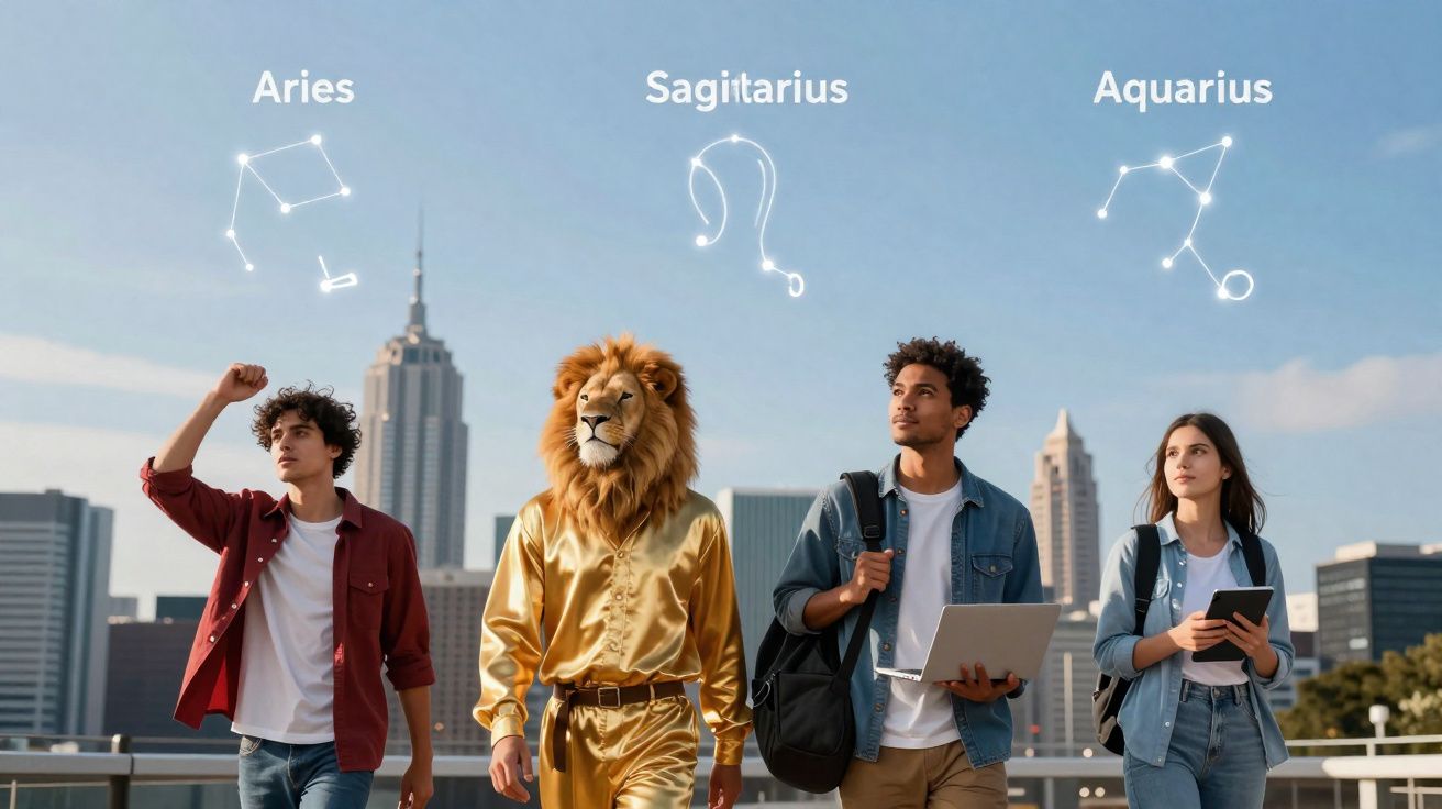 Quatro pessoas urbanas com constelações de Áries, Sagitário e Aquário ao fundo, incluindo figura com máscara de leão.
