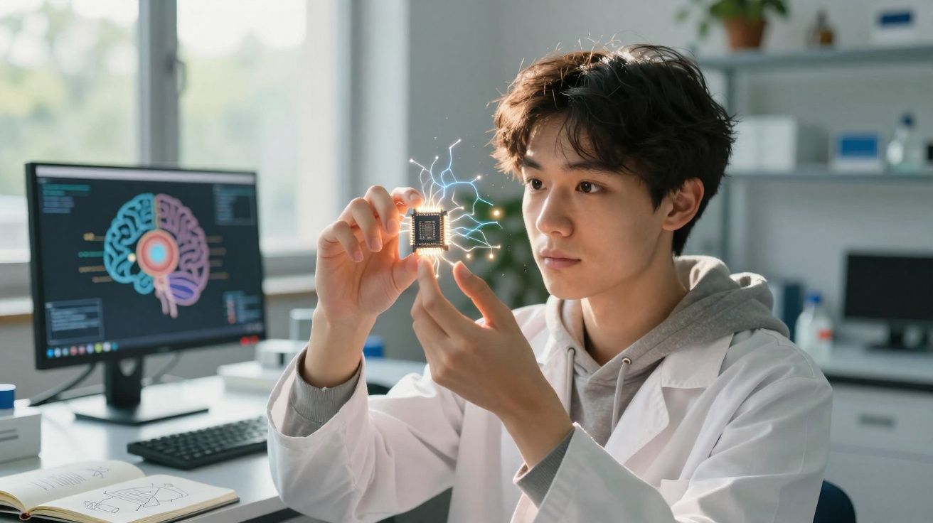 Jovem cientista analisando microchip com efeitos digitais em laboratório tecnológico moderno.