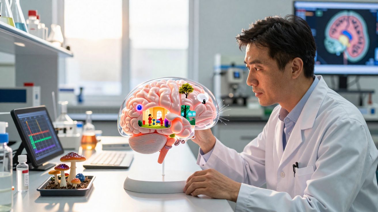 Cientista em laboratório analisa modelo de cérebro com representação ilustrativa das funções cerebrais.