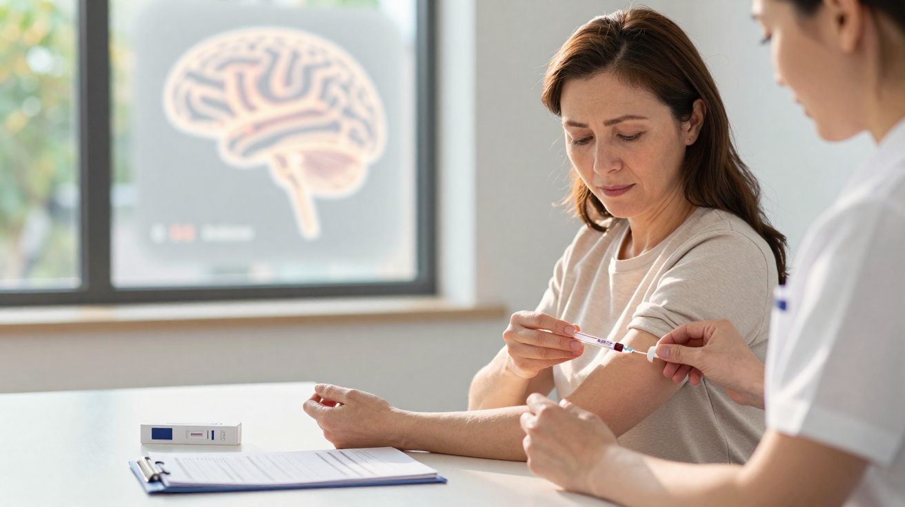 Mulher recebendo injeção no braço em consulta médica com ilustração de cérebro no fundo.