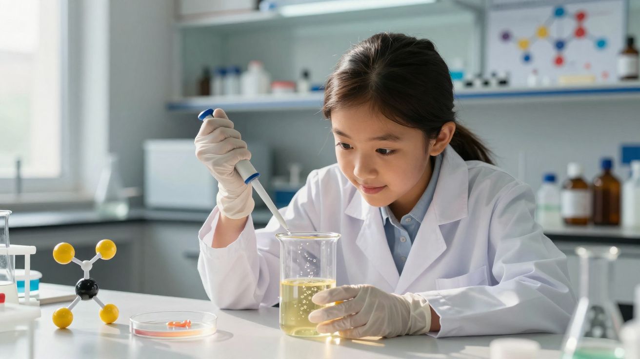 Garota com jaleco e luvas manuseia pipeta em béquer com líquido amarelo em laboratório científico.
