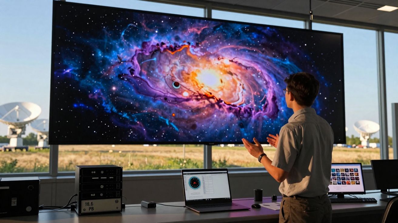 Homem observando uma grande tela com imagem colorida de galáxia em laboratório de tecnologia.