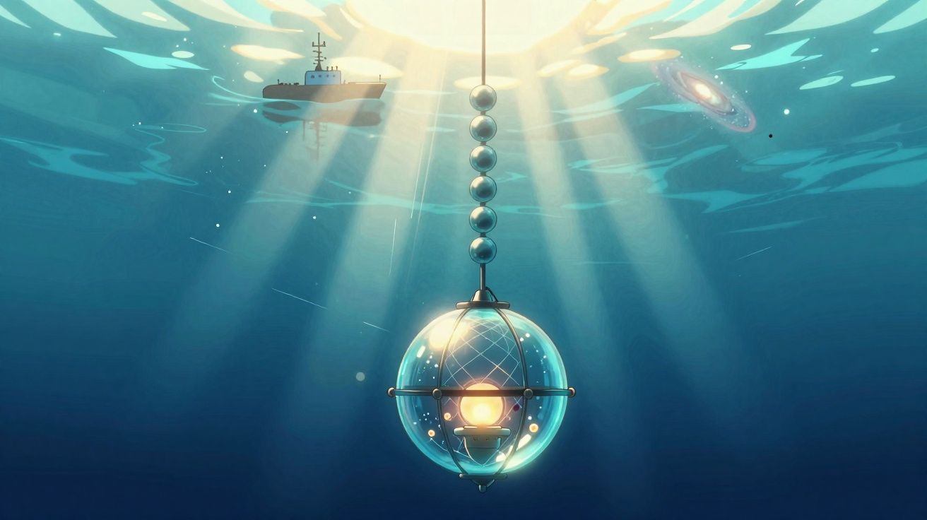 Sonda científica subaquática iluminada descendo em águas profundas com navio e galáxia ao fundo.