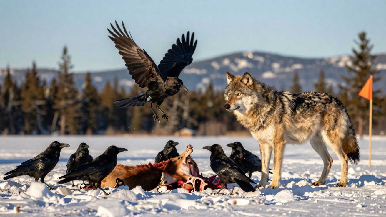 Lobo e corvos ao redor de carcaça na neve em ambiente natural com árvores ao fundo.
