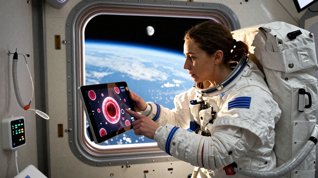 Astronauta feminina em traje espacial usando tablet com imagens de células dentro de estação espacial com vista da Terra.