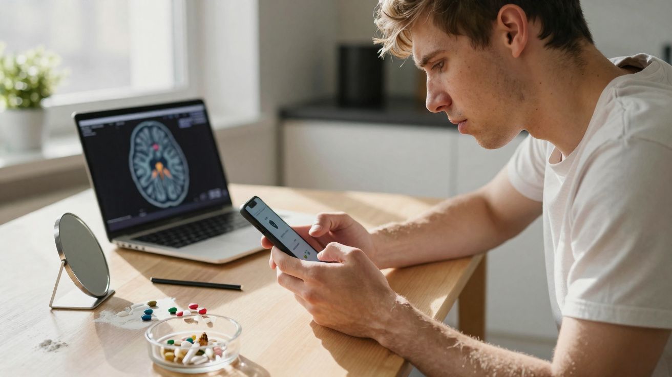 Jovem sentado à mesa, olhando para celular, com computador e vários medicamentos à sua frente.
