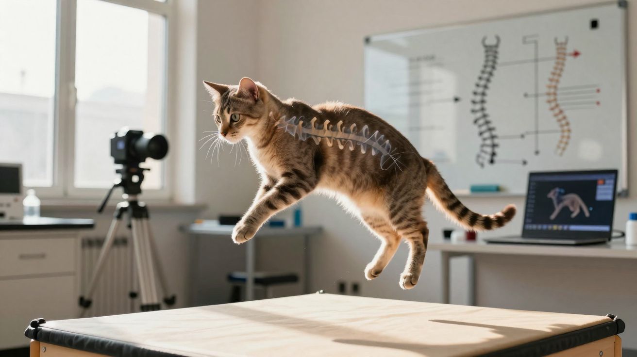 Gato pulando em laboratório de ciência com ilustração da coluna vertebral projetada no corpo do animal.