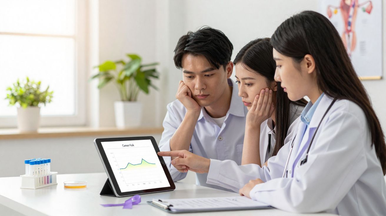 Médica explicando gráfico em tablet para casal em consulta médica em ambiente clínico iluminado.