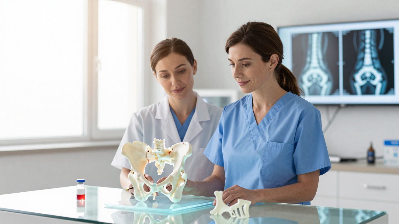 Duas médicas analisando modelo anatômico de pelve humana em consultório médico com raio-x ao fundo.