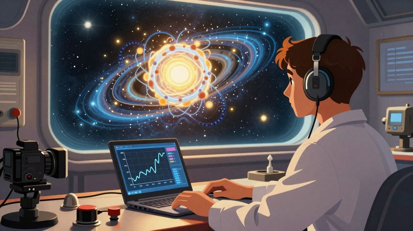 Ilustração de cientista observando sistema solar e gráfico em laptop dentro de nave espacial futurista.