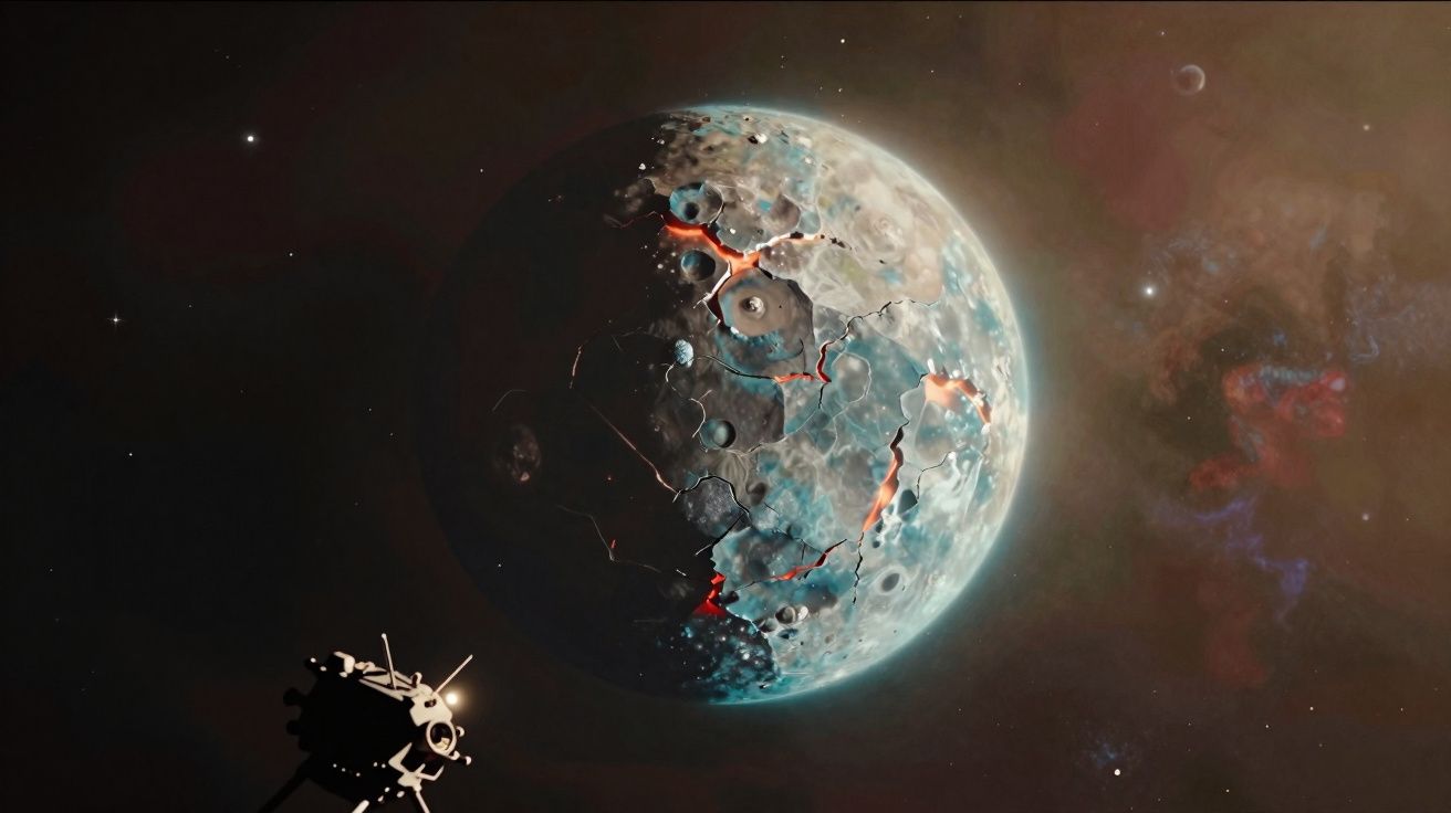 Planeta com fissuras e lava exposta em um espaço escuro com uma nave espacial próxima.