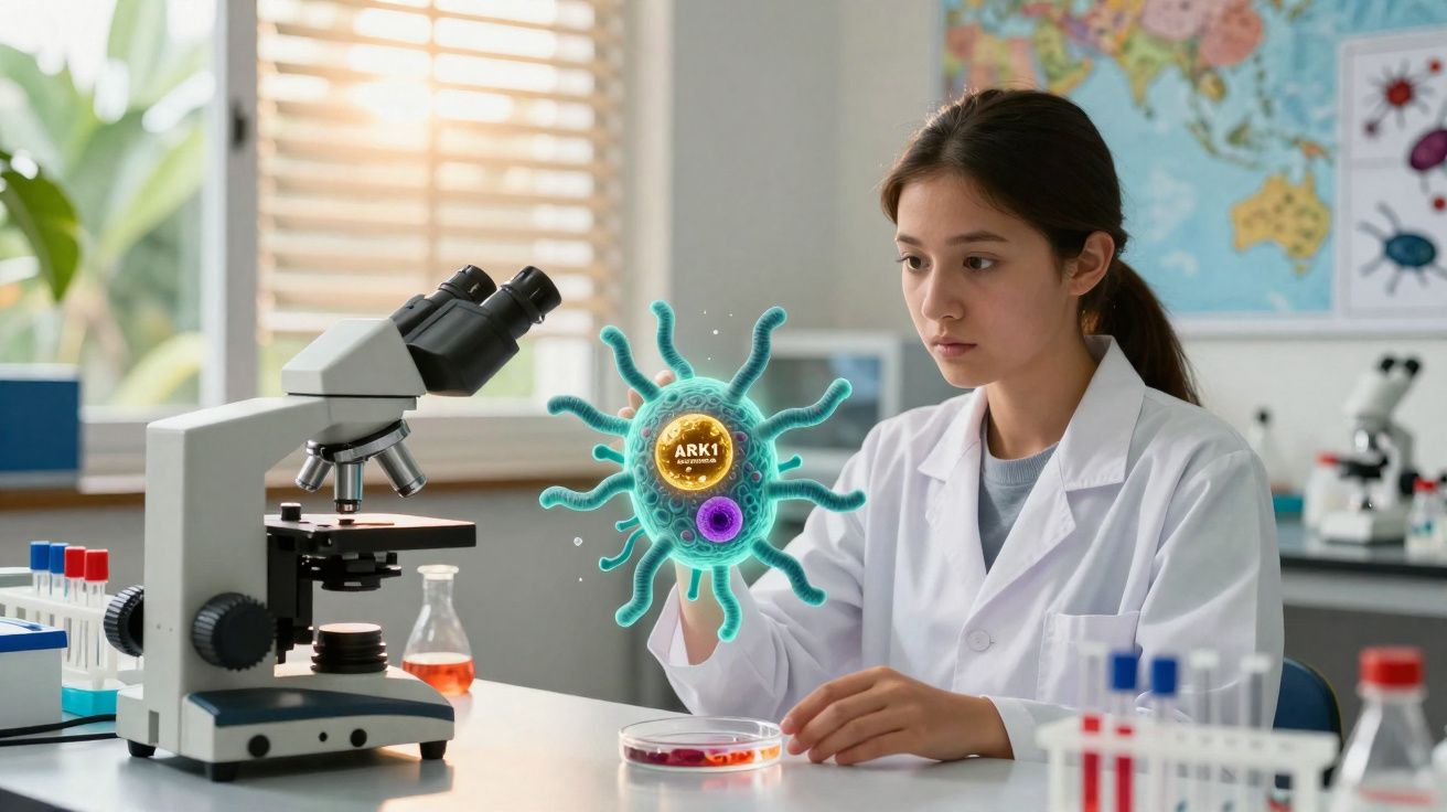 Jovem cientista observa holograma de vírus em laboratório com microscópio e materiais científicos ao redor.