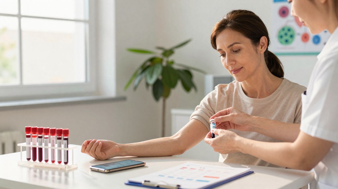 Mulher retirando sangue do braço com ajuda de profissional de saúde em clínica.