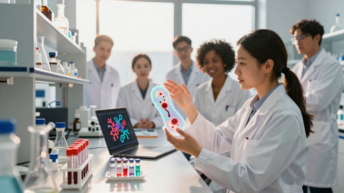 Cientista mostra modelo digital de célula para equipe em laboratório moderno com equipamentos e amostras.