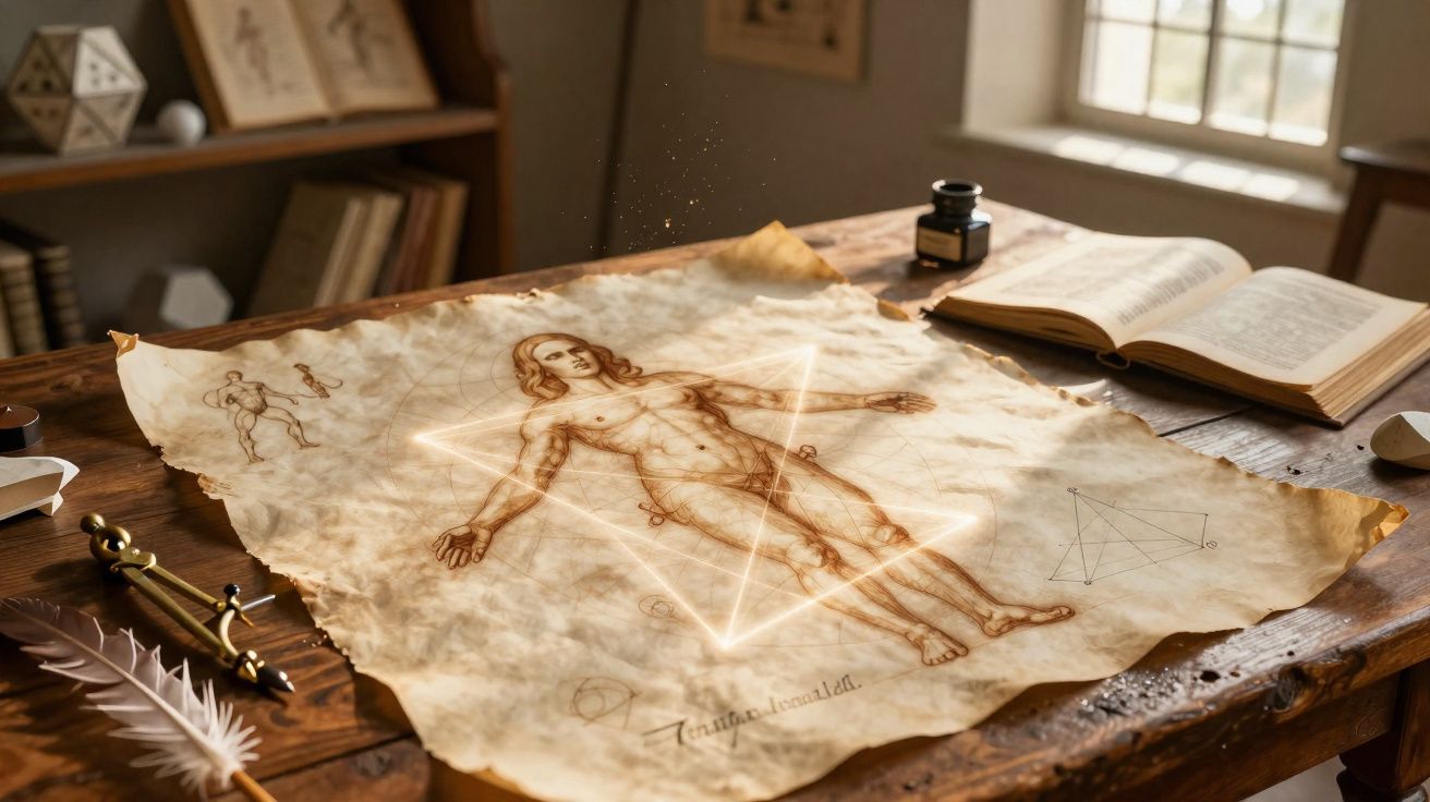 Mesa de madeira com pergaminho antigo, desenho anatômico e luzes geométricas, livro aberto e tinteiro.