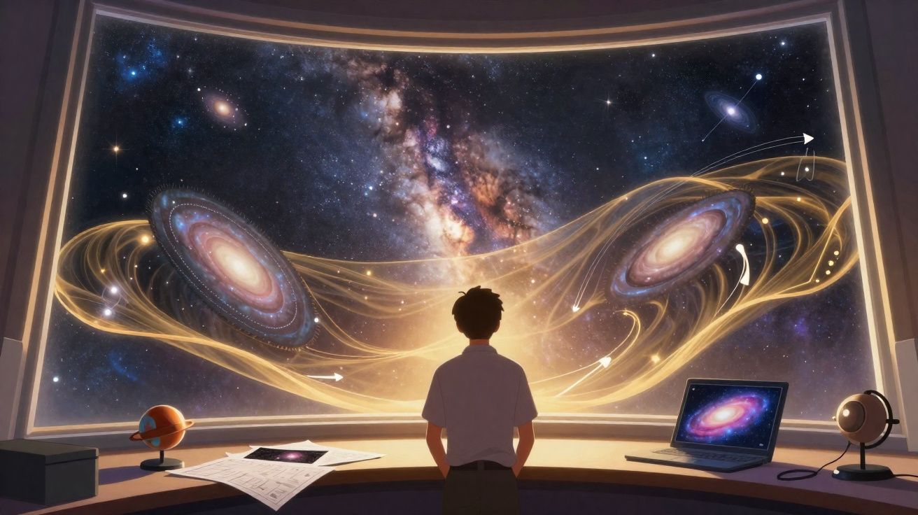 Pessoa observando simulações de galáxias em uma grande tela digital em sala escura.