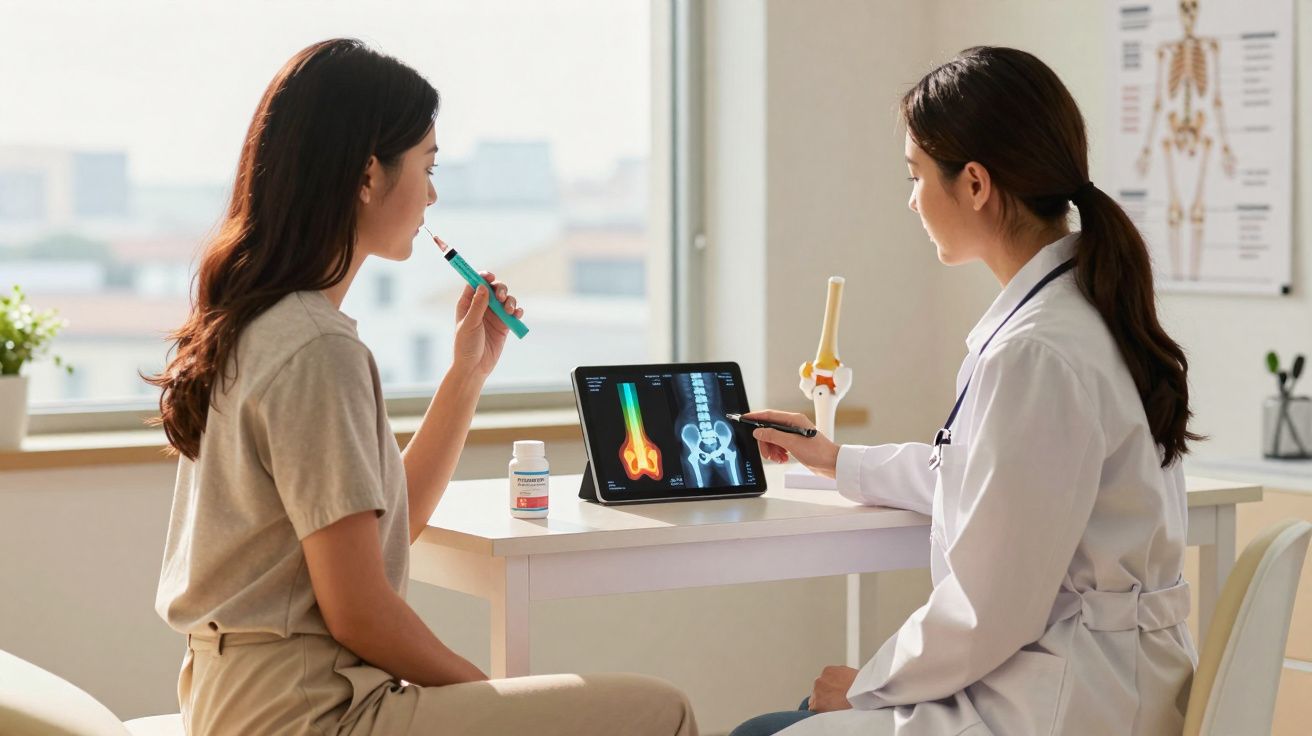 Paciente consulta médica com exame ósseo digital mostrado em tablet durante avaliação ortopédica.