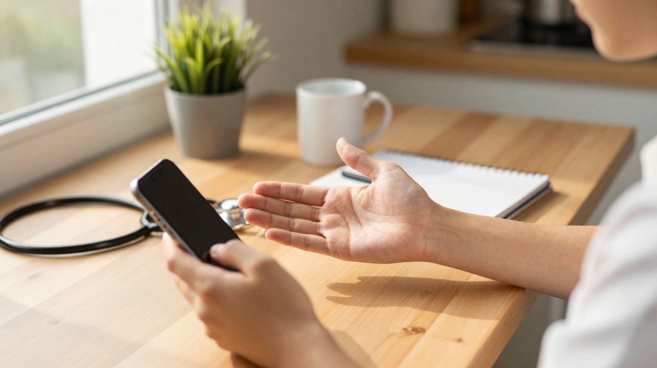 Pessoa segurando celular com mão estendida sobre mesa com estetoscópio, caderno, caneca e planta.