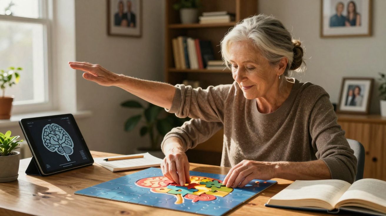 Mulher idosa montando quebra-cabeça de cérebro enquanto tablet mostra imagem cerebral na mesa.