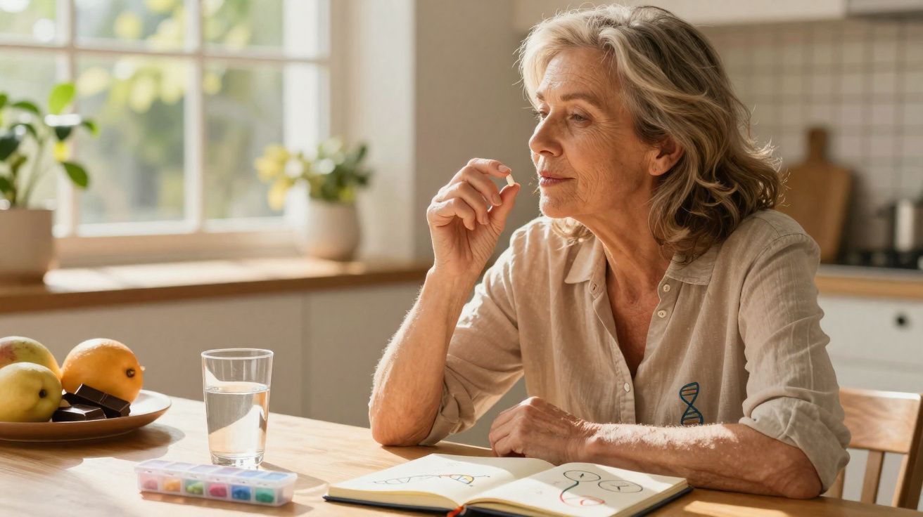Mulher idosa segurando comprimido sentada à mesa com vidro de água e livro aberto em cozinha iluminada.