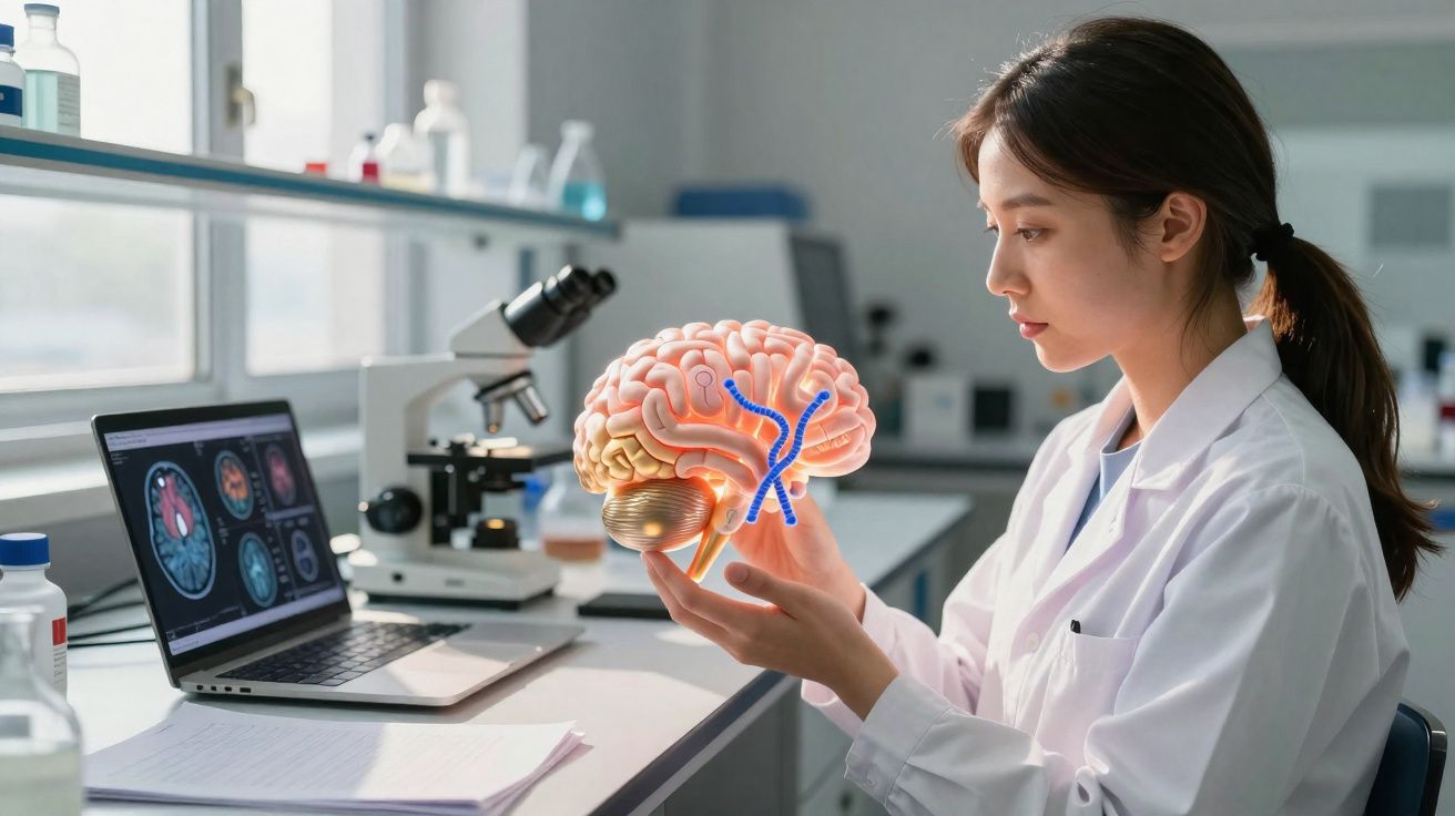 Pesquisadora em laboratório analisando imagem 3D do cérebro humano com microscópio e laptop.