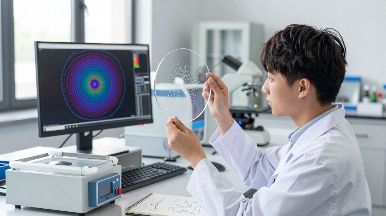 Cientista analisa disco transparente com padrão de pontos em laboratório moderno com computador e microscópio.