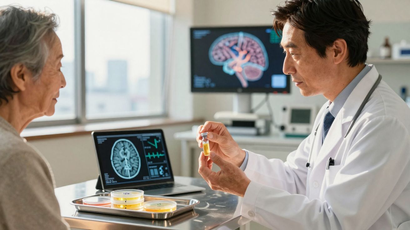 Médico neurologista mostrando exame para paciente idosa em consultório com imagens cerebrais ao fundo.