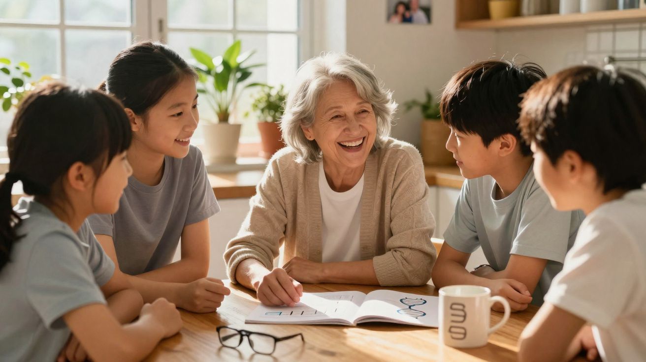 Idosa sorridente ensinando quatro crianças sentadas à mesa em ambiente claro e acolhedor.