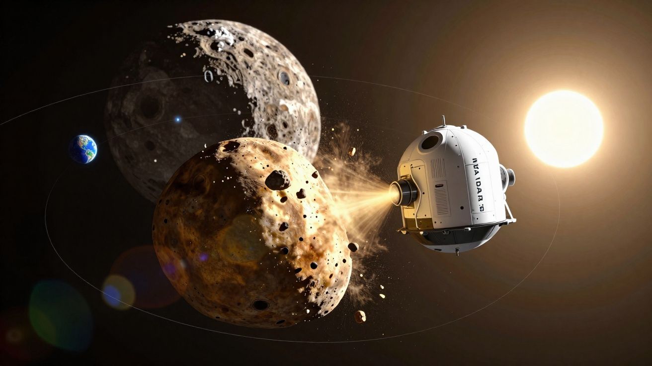 Nave espacial perfurando um asteróide com a Terra e o Sol visíveis ao fundo no espaço sideral.