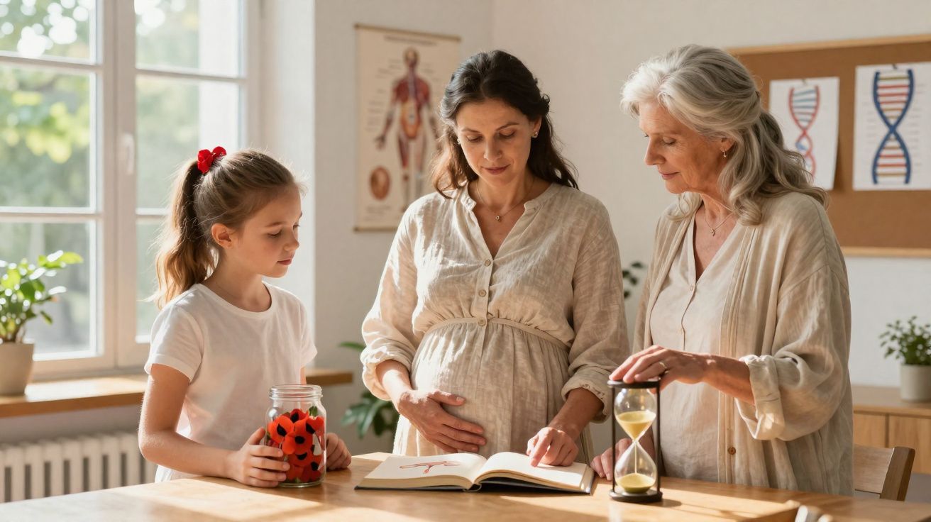 Mulher grávida, menina e idosa lendo um livro em ambiente iluminado com desenhos científicos ao fundo.