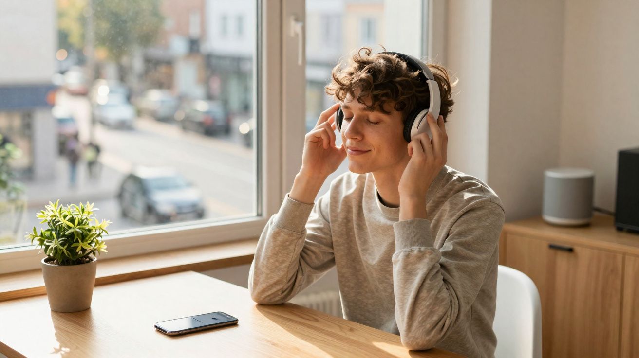 Jovem sentado à mesa ouvindo música com fones de ouvido e olhos fechados, ao lado de celular e planta.