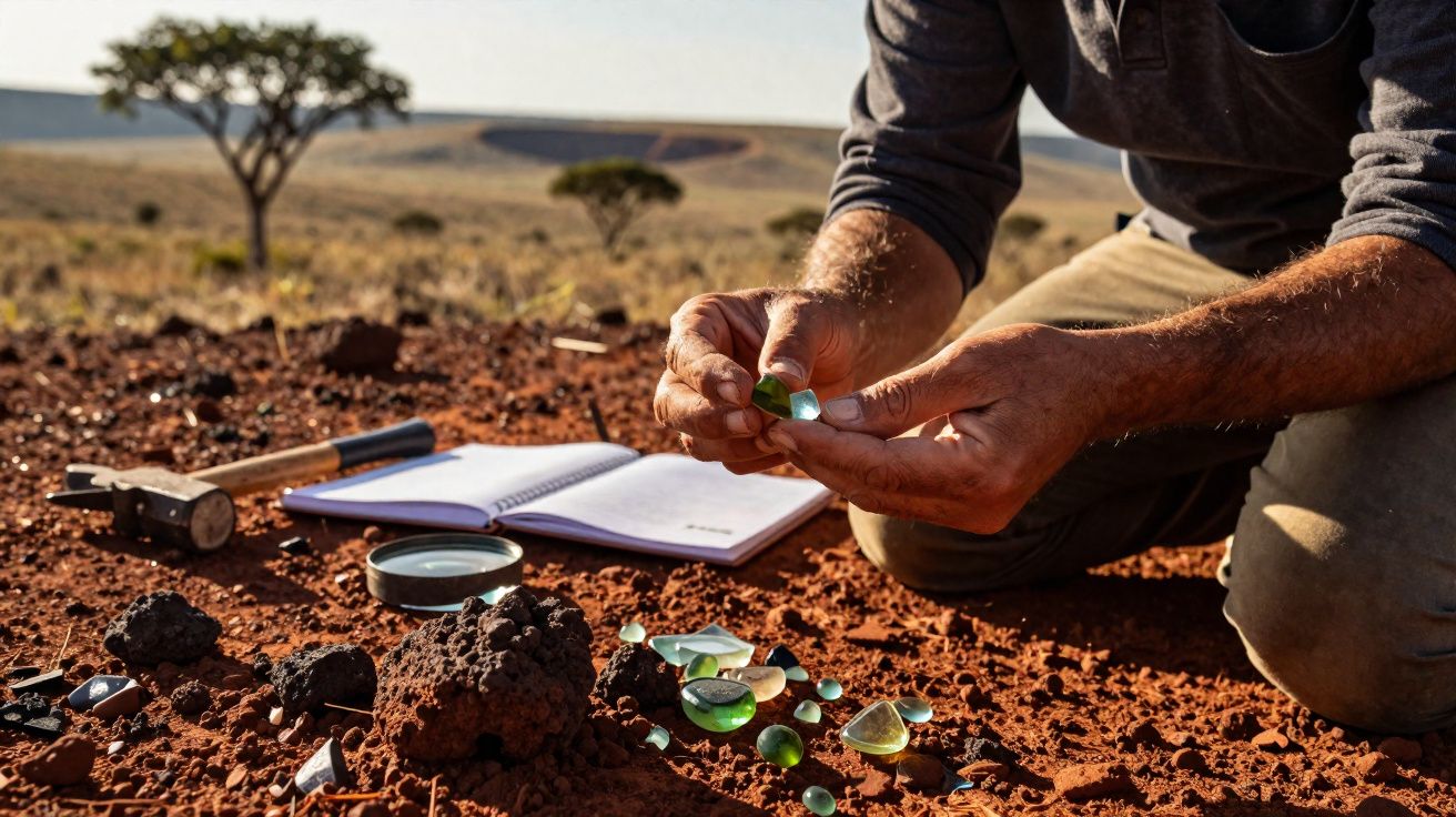 Pessoa examina fragmentos de vidro colorido no solo vermelho árido com ferramentas e caderno ao redor.