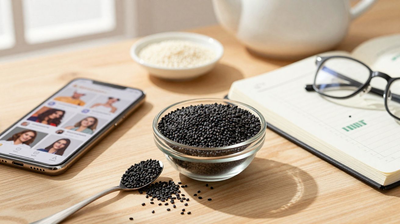 Tigela de vidro com sementes pretas e branca, colher, celular, óculos e agenda sobre mesa de madeira clara.